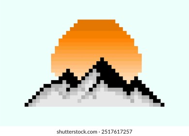 Pixel art of mountain and sun. Pixelated mountain illustration vector.   