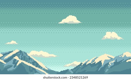 Pixel art mountains with clouds seamless background. Landscape for retro video game or application. Vector illustration.