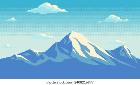 Montañas de arte de Pixel con nubes de fondo inquebrantable. Paisaje para videojuegos o aplicaciones retro. Ilustración vectorial.