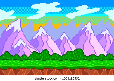 Pixel art mountains seamless background detailed colorful vector illustration