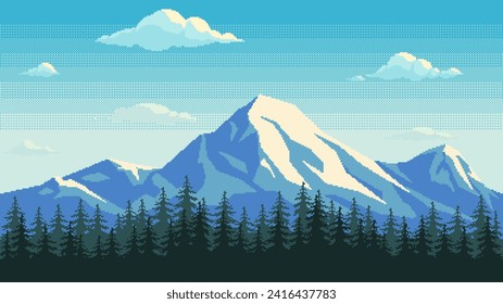 Montañas de arte de Pixel de fondo inquebrantable. Paisaje con picos de montaña, nubes y bosque para juegos o aplicaciones. Fondo de dibujos animados vectores.