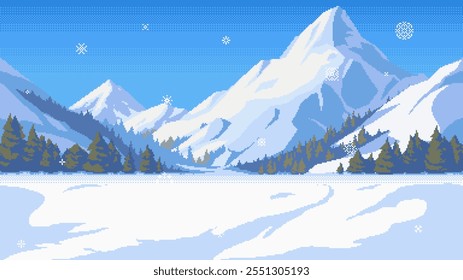 Pixel arte montanhas fundo sem costura. Paisagem com picos de montanha, floresta e neve caindo. Tela de fundo de desenho animado vetorial para jogo ou aplicativo.