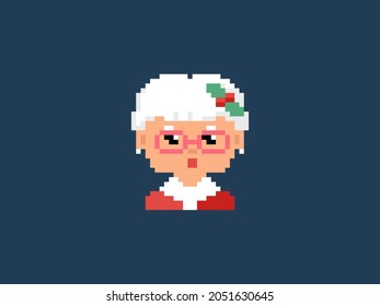 Pixel art Mrs Claus. Vector 8 bit style retro illustration of Granny Santa character. Isolated winter female avatar.