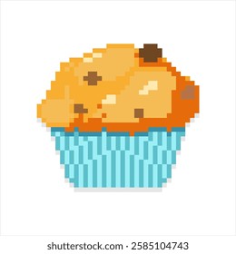 Pixel art of muffin. Pixelated tasty cupcake, cake, and bakery icon.