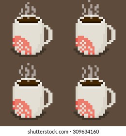 Pixel art mug sprite sheet with steam animation, four cups on brown background