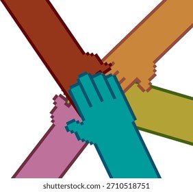 Pixel art multicolored hands coming together in unity symbolizing teamwork and cooperation