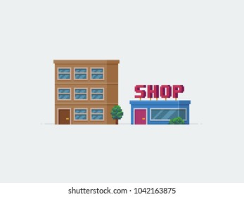 Pixel Art Multi-storey Condo And Shop Buildings