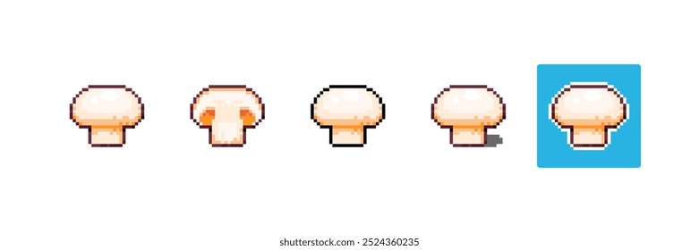 Pixel art Mushroom. 8bit Game Style Pixelated White Mushroom Vegetable. Detailed Pixel Champignon Mushroom icon with shading and different stroke. 