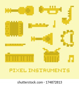 Pixel art music instruments isolated vector set