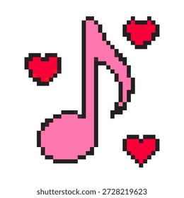 Nota de música de arte de píxeles con corazón rojo, símbolo de melodía de amor de San Valentín de 8 bits, contorno de píxeles cuadrados, icono de melodía romántica retro gamer en estilo mínimo.