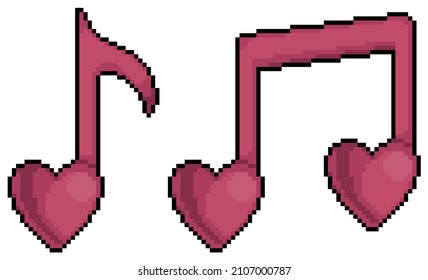 Pixel art musical notes from heart Valentine's Day vector icon for 8bit game on white background