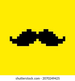 Pixel Art Mustache Icon. Mustached men portrait, black color. Pixel art in vector graphics, isolated on yellow background.