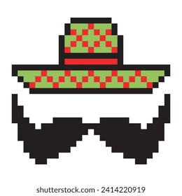 Pixel art mustache and mexico sombrero hat