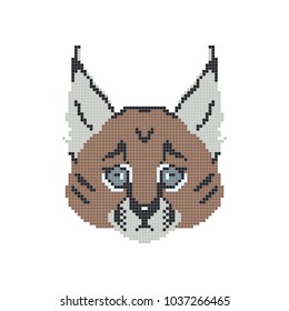 Pixel art. Muzzle of a sad kitten. Vector illustration on white background. Logo of the lynx. Smile, emotion.