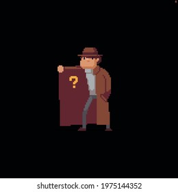 Pixel art mystery smuggler character in hat and coat showing what he sells