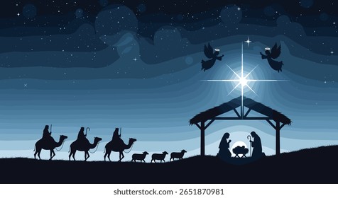 Pixel art nativity scene with three wise men traveling under a starry night sky