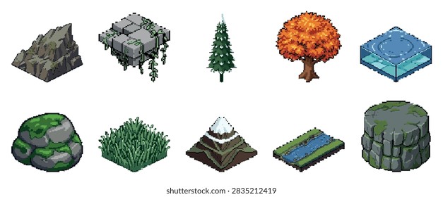 Pixel art nature elements including rock stone platform with vines pine tree autumn tree water block mossy boulder grass patch snow-capped mountain river segment and stone column