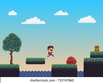 Pixel art nature game scene with jumping character