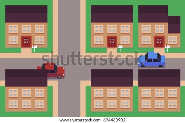 Pixel art\
neighborhood, houses, roads and\
cars