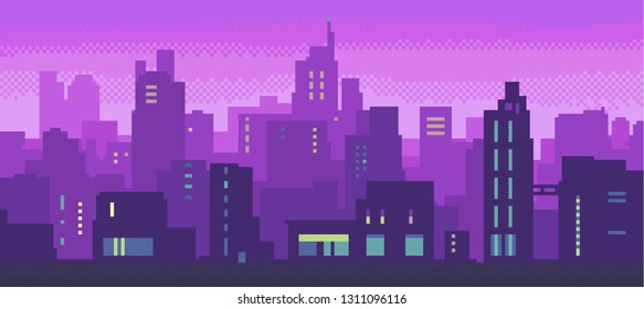 Pixel art neon night city with buildings panorama