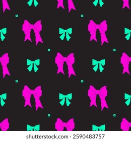 Pixel Art Neon Ribbon Bow Seamless Pattern on Black Background. Trendy playful patterned pixelated backdrop Y2k. Mood of 90 s aesthetics. Vector illustration in retro 8-bit style