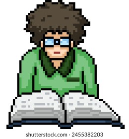 pixel arte de nerd leer libro fondo aislado