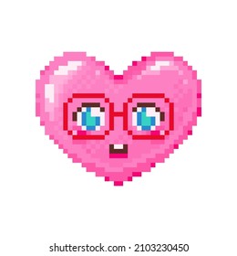 Pixel art nerdy girl heart emoji. Vintage 8 bit pixel pink emoticon of nerd in glasses face smile. Cute anime kawaii vector icon. Valentine Day romantic heart-shaped geek design.
