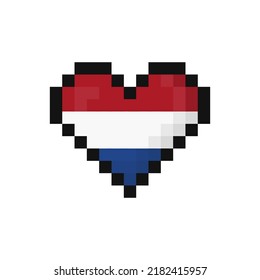 Pixel art Netherlands flag in the shape of a heart. Vector illustration