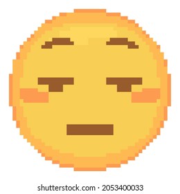 Pixel art neutral Emoji face icon. Vector cute pixel Expressionless  emoticon. Poker face Straight Emoji in retro pixel 8 bit style. Bored emoji yellow smile face isolated icon.