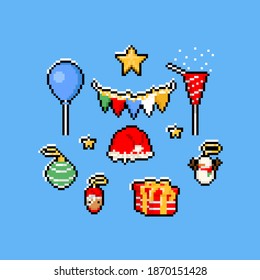 Pixel art new year element set.