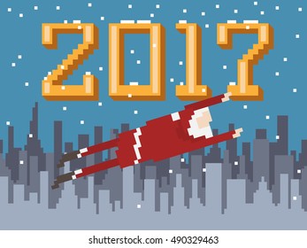 Pixel art New Year postcard with flying Santa