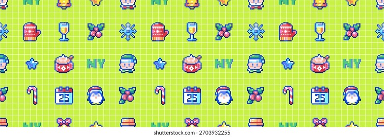 Pixel Art Ano Novo Padrão sem costura com canecas de cacau, calendários, Holly Berries, bonecos de neve e bonito retro 8 bits ícones de férias