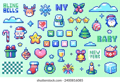 Pixel art New Year and Xmas Element Set. 8bit Retro Game Elements like Present Box, Santa, Rudolph Reindeer, Ornaments and Toys, Candle, Sock. Vector Graphic For Game, Decoration, Emoji, Stickers.