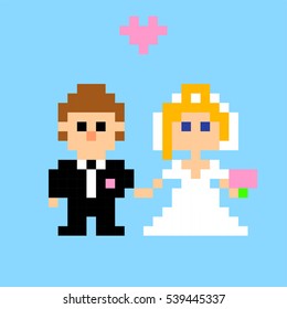 Pixel art. Newlyweds. Groom and bride in style of 8-bit game. Vector illustration.