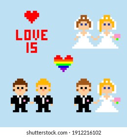 Pixel art. Newlyweds. heterosexual couple, gay couple, and bisexual couple in style of 8-bit game. Vector illustration.