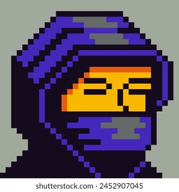 Pixel art NFT male character 8-bit,  man, 80-s, avatar, guy face in hoodie, cartoon vector icon, game user, web profile persons, people, social net portrait,  minimalistic style. Non-fungible token.