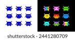 Pixel art NFT style space arcade icons and poster. Perfect Pixel Art colorful icons set in retro video game style.  Pixel NFT monsters collection isolated on white background