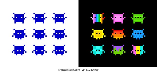 Pixel art NFT style space arcade icons and poster. Perfect Pixel Art colorful icons set in retro video game style.  Pixel NFT monsters collection isolated on white background