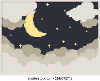 Pixel art night background. Pixel sky with stars and clouds and moon. Vector pixel art style 8 bit