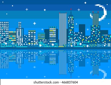 Pixel art night city card. Vector illustration
