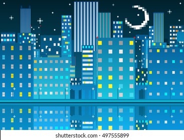 Pixel art night city card. Vector illustration