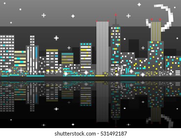 Pixel art night city card. Vector illustration