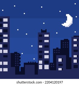 Pixel art night city with landscape, sky, clouds, city silhouette, stars and moon. Vector.