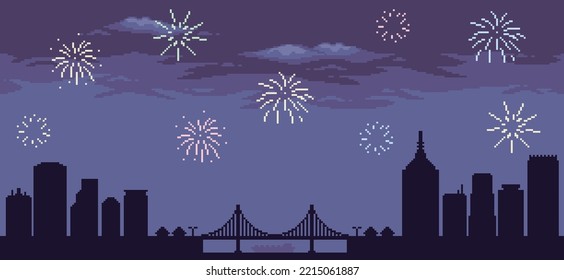 Pixel art night city landscape with fireworks, minimalist city background for 8bit game

