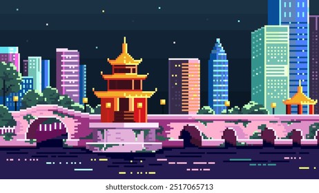 Pixel Art Night Cityscape with Asian Pagoda and Skyscrapers