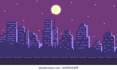 Pixel art night cityscape game background with full moon light on starry sky. Cartoon silhouettes of buildings and skyscrapers scene for 8 bit arcade video games. Vector retro dark downtown view