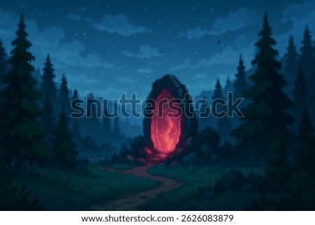 Pixel art night forest with glowing red portal surrounded by pine trees. A magical fantasy scene perfect for retro-style games, RPG worlds, or 16-bit pixel backgrounds.