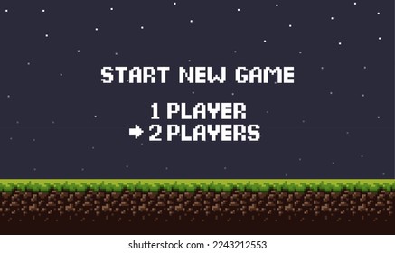 Pixel art night game background with grass, sky and start new game 8-bit text. Game screen pixel