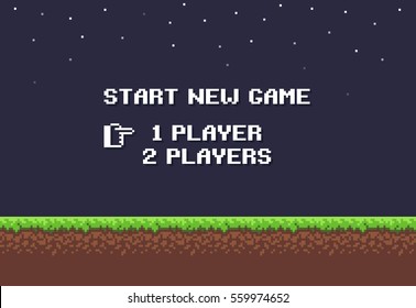 Pixel art night game background with grass, dirt, stones, sky and start new game 8-bit text