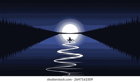 Pixel Art Night Scene Boat Ride on Calm Water Under a Large Full Moon